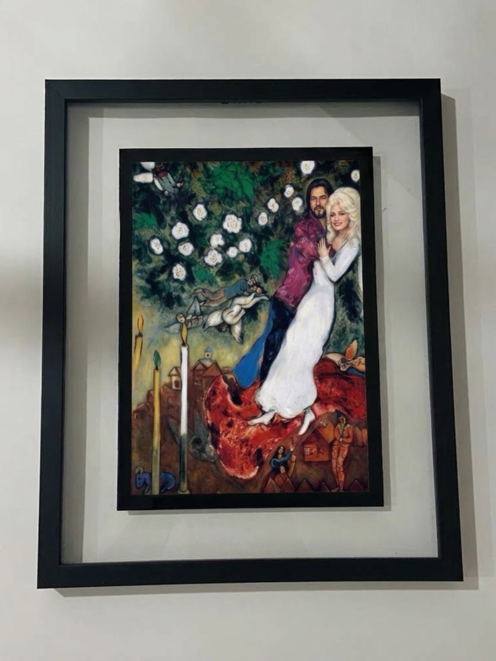 Framed Surrealist Art Print Dolly Parton & Raúl Malo in the Style of Chagall